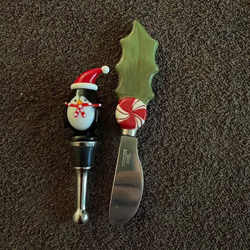 Penguin wine topper and holly cheese server set